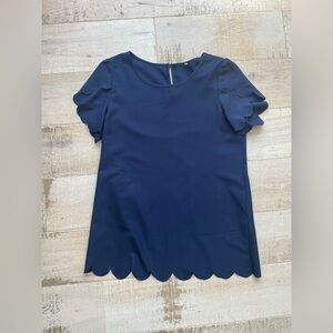 Navy Blue Scalloped Hem Women's Top Size Small Scalloped Short Sleeve